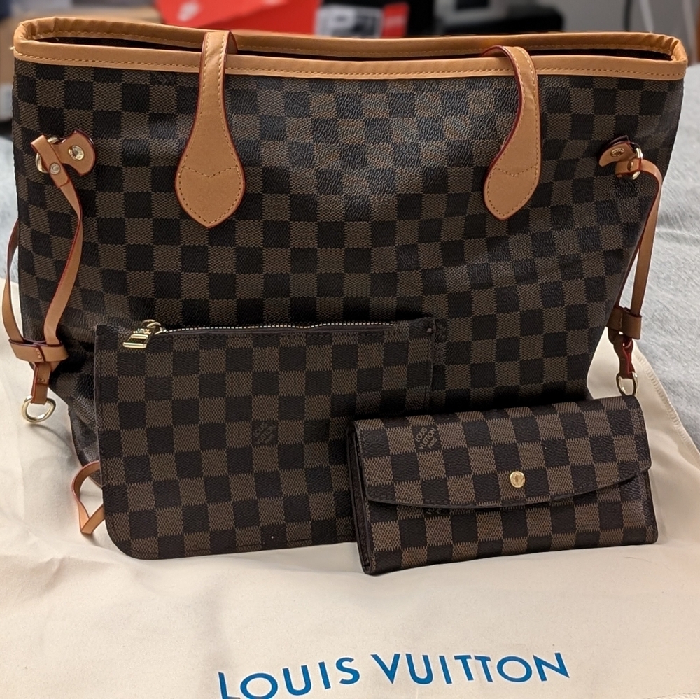 Louis Vuitton Brown Neverfull Tote with Pouch & Wallet
